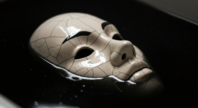 Cracked mask face art dark water surrealism drama emotion mystery concept abstract artistic background