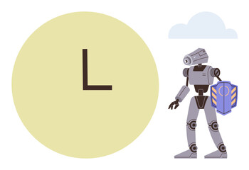 Robot holding a shield with bold details stands next to a yellow circular clock. Ideal for technology, robotics, time, innovation, defense, automation, futuristic design. A simple flat metaphor