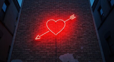 Neon heart with arrow on brick wall at night