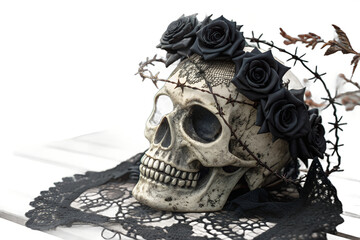 A grunge style skull with black roses barded  wire , vector art, illustration art 