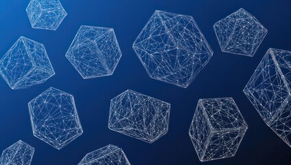 Modern geometric network of connected polygons floating in deep blue space, digital art for innovative technology or futuristic concepts, creative background