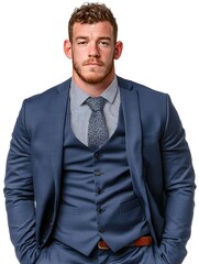 Confident young businessman with red hair poses in stylish blue suit against a solid white background image.