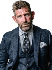 Handsome mature businessman poses confidently wea a stylish three piece suit against a white background.