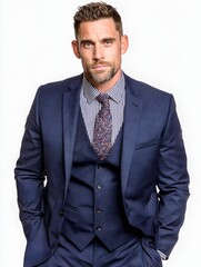 Handsome businessman in navy suit with vest poses confidently looking at camera in a studio setting today.