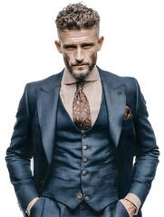 Handsome man wea a blue tailored suit and tie poses confidently against a bright white studio backdrop.