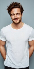 A handsome young man with curly brown hair smiles confidently wea a casual white t shirt in studio shot.