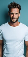 Confident man in a white t-shirt poses for a portrait with a slight smile on a neutral teal background.