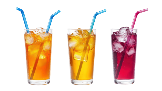 Three tall glasses of iced drinks with straws isolated on transparent background