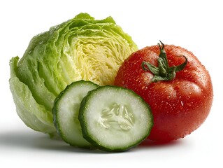 Fresh lettuce, ripe tomato, and sliced cucumber arranged together with water droplets on a white background.