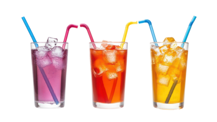 Three colorful refreshing cocktails with straws isolated on transparent background