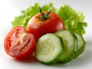 Fresh garden vegetables like tomatoes, cucumbers and lettuce create vibrant, healthy food arrangement.
