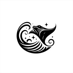 Fototapeta premium Stylized black manta ray with waves and stars in a circular design