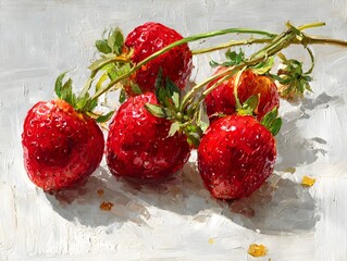 A still life oil painting captures a cluster of ripe red strawberries on a white surface with visible brushstrokes.