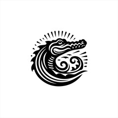 Stylized black crocodile head with tribal swirls and sun rays