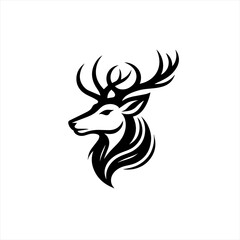 Stylized black deer head silhouette with antlers on white background