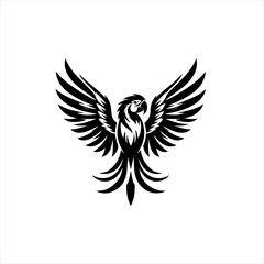 Stylized black parrot with spread wings on a white background