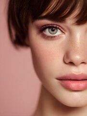 A beautiful young woman with freckles and soft pink makeup poses against a pink backdrop for portrait.