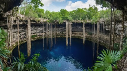 Fototapeta premium Explore the stunning Cenote Ik Kil, a natural wonder of Mexico with vibrant blue water, lush greenery, and ancient rock formations, ideal for travel ads