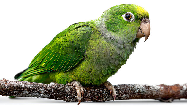 a vibrant green parrot perched on a branch against a white background