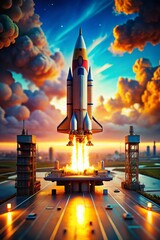 Obraz premium Atompunk Rocket Launch: Futuristic Spaceport Tilt-Shift Digital Illustration
