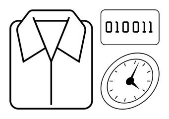 Outline of a formal shirt, stopwatch with dial, and binary digits. Ideal for themes thumbs up time management, punctuality, efficiency, work schedule, coding technology and productivity. Simple