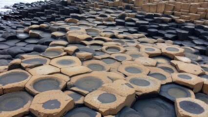 Obraz premium Explore the Wonders of Giant's Causeway Northern Ireland with Striking Basalt Columns for Travel Inspiration and Geological Studies, a Unique Landscape