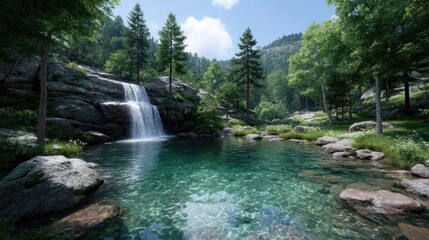 Fototapeta premium Lush Waterfall Scene with Turquoise Water and Sunlight Streaming Through Green Trees and Vegetation in a Rocky Environment Under a Blue Sky in Daytime