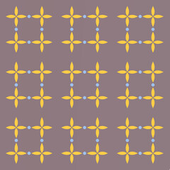Geometric Seamless Pattern with Yellow Petal Motifs and Blue Dots on Muted Purple Background – Modern Decorative Design for Textile, Wallpaper, and Digital Art