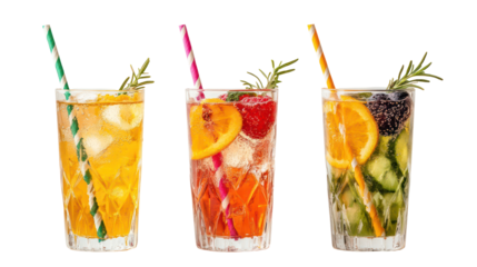 Three tall glasses of refreshing cocktails with fruit and herbs isolated on transparent background