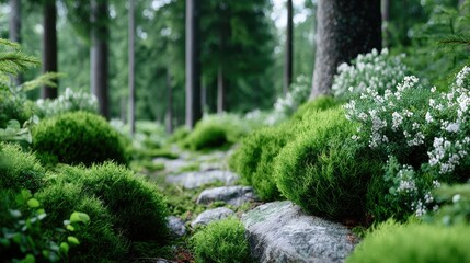 Lush Green Moss Texture on Forest Floor with Sunlight and White Flowers Focus