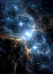Bright stars illuminate a colorful nebula, creating a breathtaking scene in outer space. The swirling gases and sparkling lights weave together in a cosmic ballet.