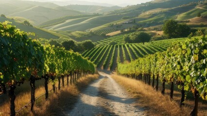 Fototapeta premium Experience the serene beauty of a Tuscan vineyard at sunrise, perfect for travel blogs, wine promotions, and capturing the essence of Italian countryside living