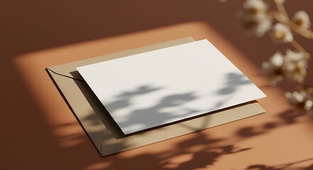 Elegant Blank Card and Envelope Mockup with Floral Shadow on Terracotta Background