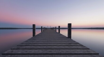 Fototapeta premium Serene wooden pier extending into a calm lake at sunrise or sunset. Soft pastel colors paint the sky and water, creating a tranquil and peaceful atmosphere