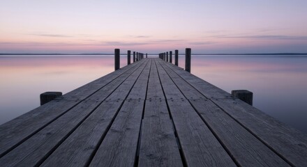 Obraz premium Serene wooden pier extending into a tranquil lake at sunrise. Calm colors of dawn paint the sky and water