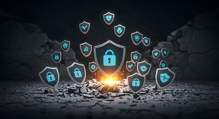 Cyber defense shields tech security background 02