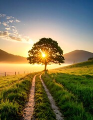 Sunrise over a tree-lined path