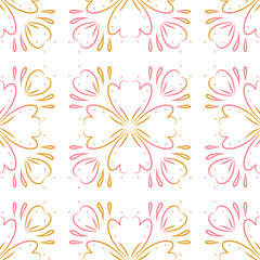 Seamless Floral Pattern with Stylized Pink and Golden-Yellow Petals on White Background – Elegant Symmetrical Botanical Design for Textile, Stationery, and Spring-Themed Decor