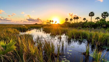 Sunrise over a tranquil wetland