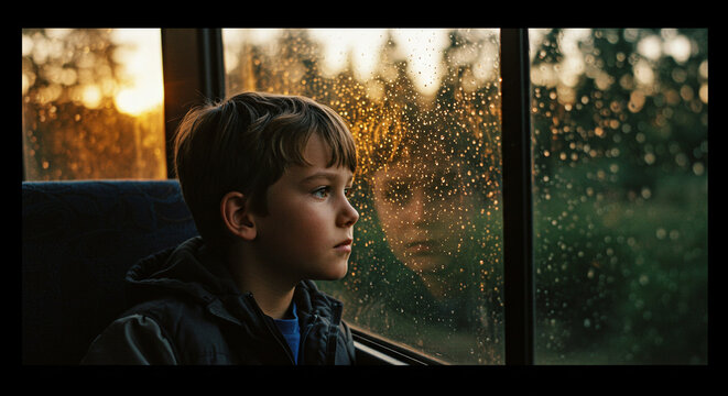 Boy rain window bus travel sad reflection pensive thoughtful journey childhood solitude transportation - Powered by Adobe