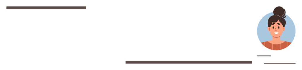 Womans avatar with a bun hairstyle in a circular frame, surrounded by simple lines and space. Ideal for digital identity, social media, networking, profile design, branding, communication, simple