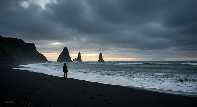 Black sand beach iceland reynisfjara landscape ocean rocks travel destination scenic coastline adventure