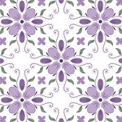 Ornamental Seamless Floral Pattern with Purple and Lavender Petals on a White Background – Elegant Botanical Design with Green and Decorative Leaves for Vintage-Themed Textiles, Wallpaper, and Decor