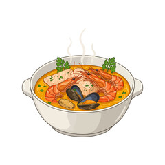 Realistic Vector Illustration of Bouillabaisse – Traditional French Seafood Stew
