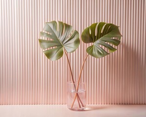 Green palm with reeded glass. Refreshing gradient background with stylish transparent elements. Ribbed Background. Plant leaves. Minimal magazine concept on wood banner. White Reeded Glass.