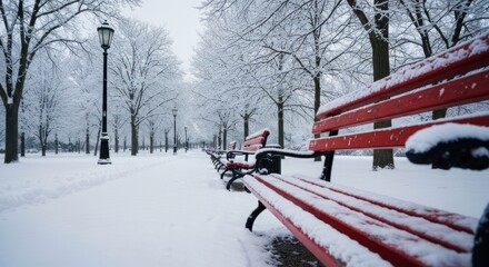 Snowy park path with red benches.  Snowy winter scene with trees and benches