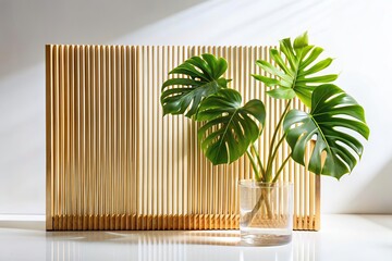 Green palm with reeded glass. White Reeded Glass. Ribbed Background. Minimal magazine concept on wood banner. Zen-inspired empty design with realistic blank space. Plant leaves.