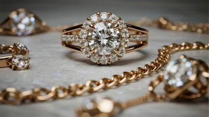 Fototapeta premium Close-up of diamond engagement rings and gold jewelry on a textured surface