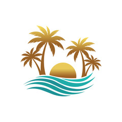 Golden Palm Trees Sunset Ocean Wave Logo