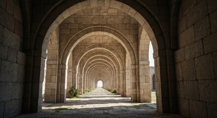 Stone arched walkway,  sunlit perspective